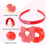 Girls gingham check headband with red bow from hair accessories set