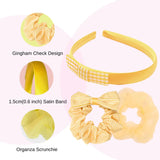 Yellow gingham check headband with bow and apple, part of Girls Gingham Check School Hair Accessories Set.