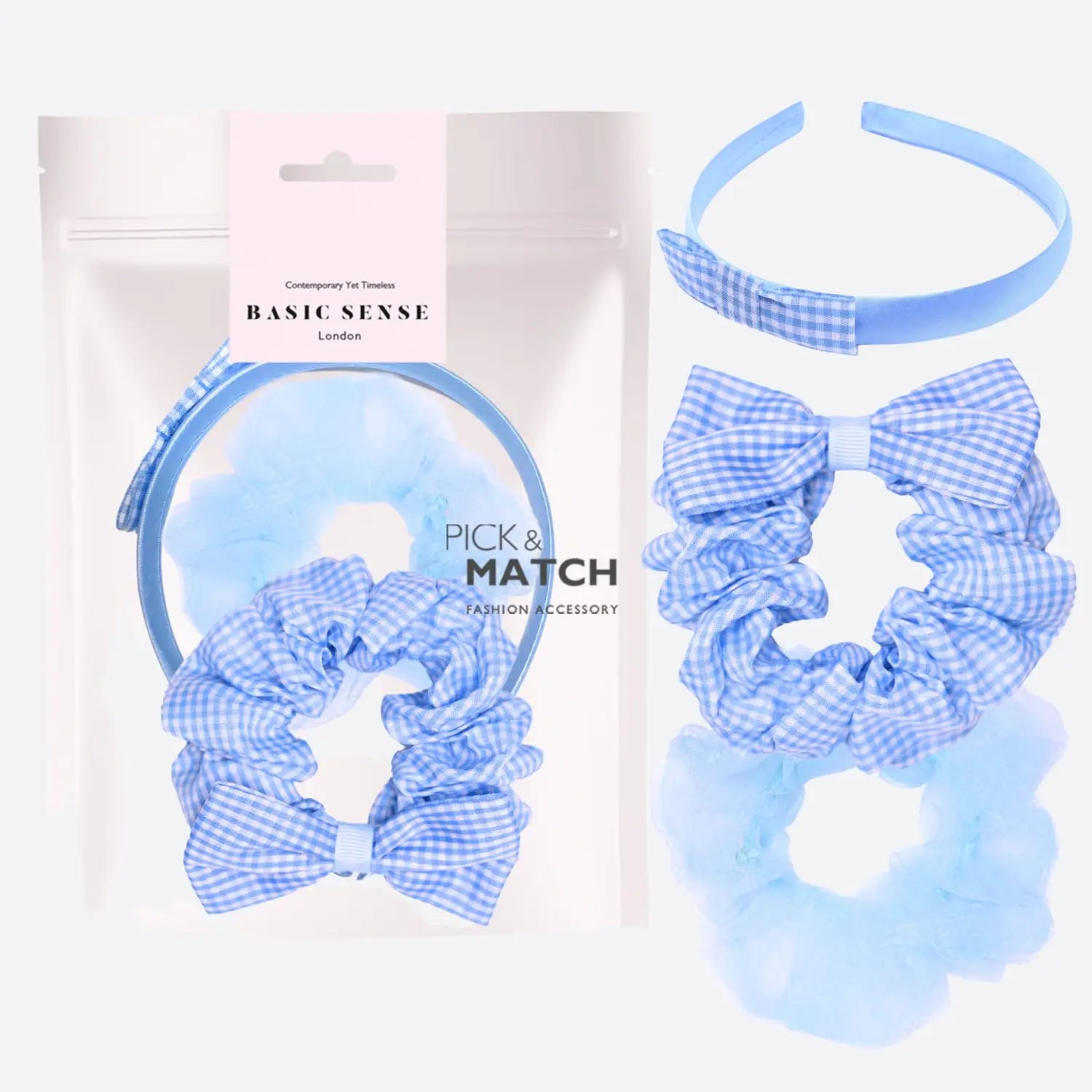 Girls Blue and White Gingham Check Hair Scrunchie with White Bag