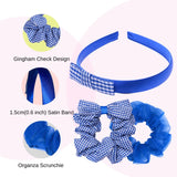 Blue gingham check headband with bow, part of Girls Gingham Check School Hair Accessories Set.