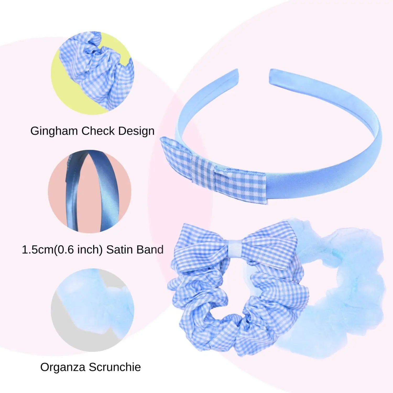 Blue and White Gingham Check Headband with Bow - Girls Hair Accessories Set
