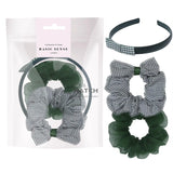 Girls Gingham Check Hair Scrunchie with Green Bow Hair Accessories Set