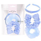 Girls Gingham Check School Hair Accessories Set in Blue and White Plaid Organza Scrunchie