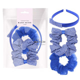 Girls Gingham Check School Hair Accessories Set – Blue and White Checkered Scrunchie