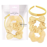 Girls Gingham Check School Hair Accessories Set: Yellow Bow Tie and Headband