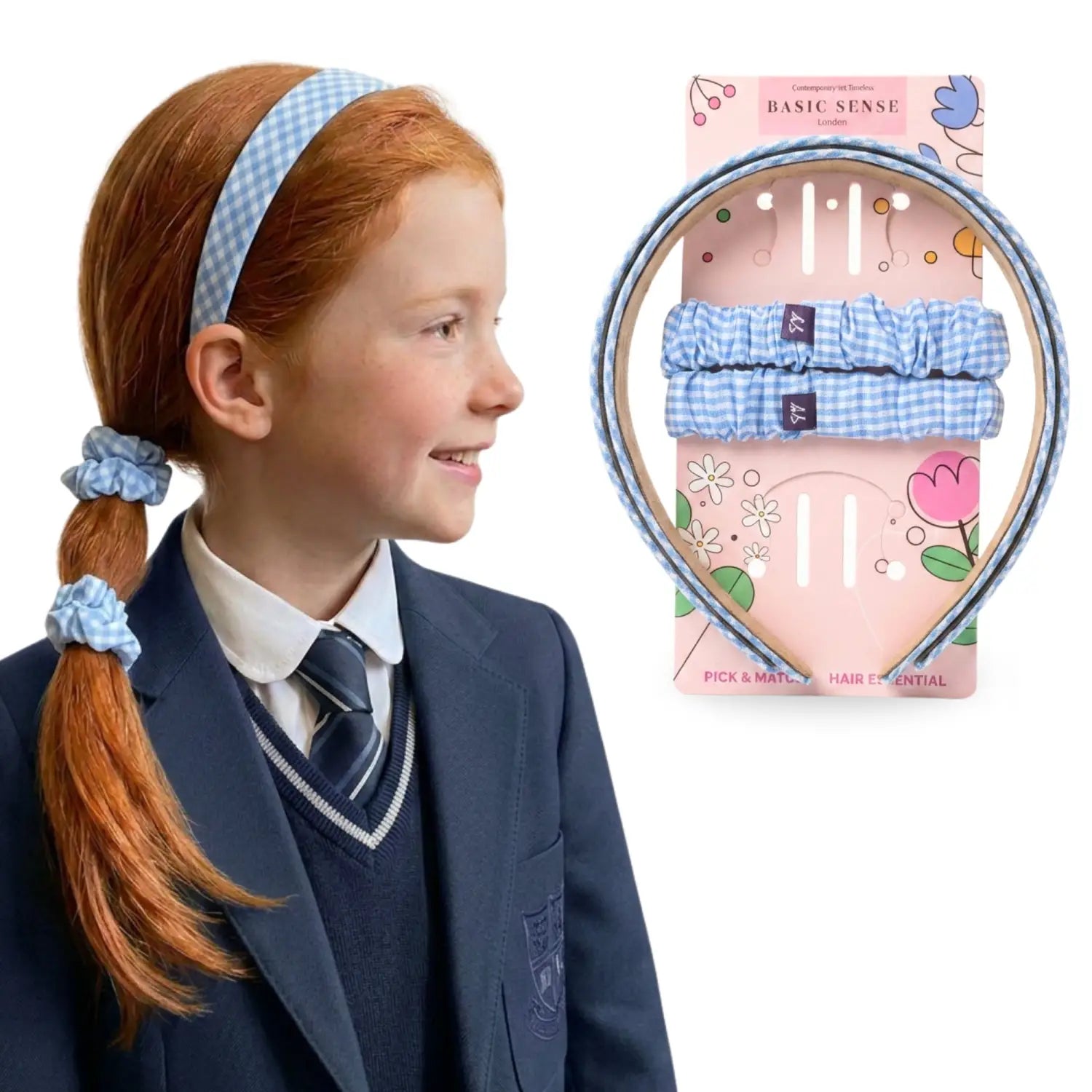 Girls Gingham Headband & Scrunchie School Hair Accessories - Mid Blue - Headbands