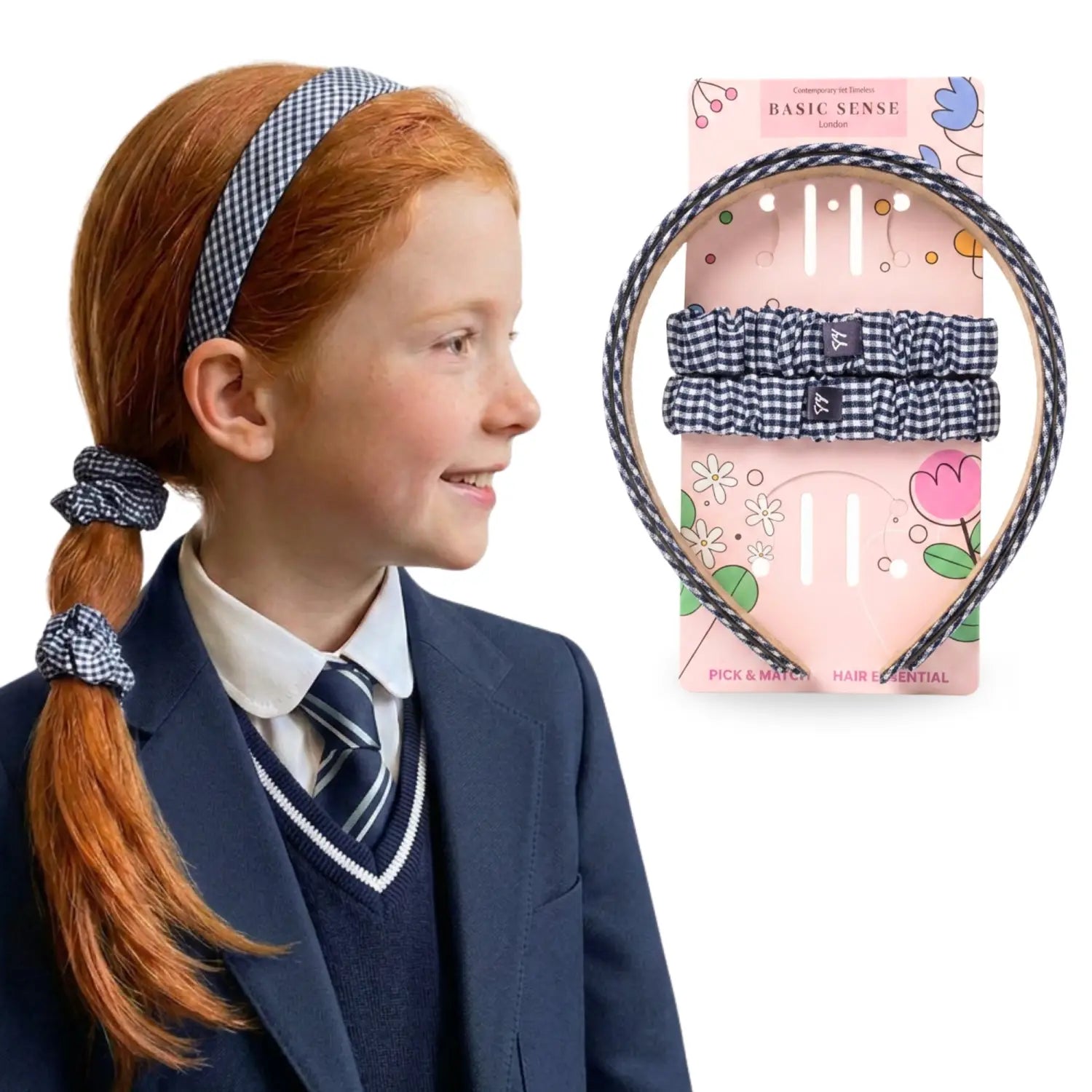 Girls Gingham Headband & Scrunchie School Hair Accessories - Navy - Headbands