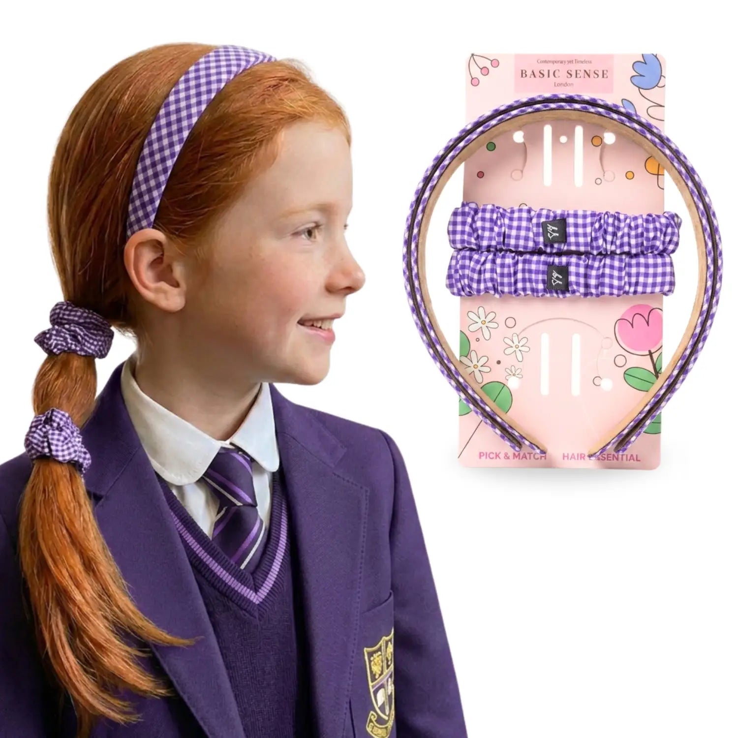 Girls Gingham Headband & Scrunchie School Hair Accessories - Purple - Headbands