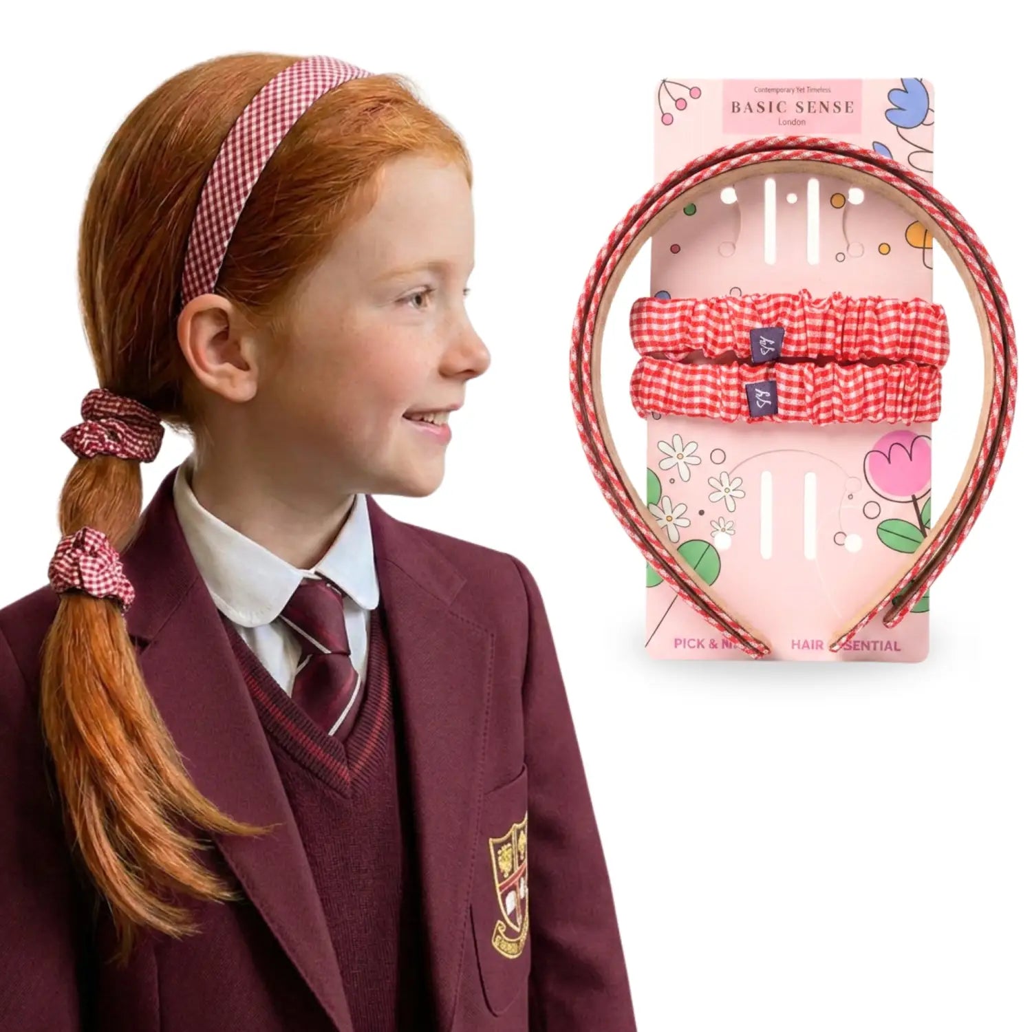Girls Gingham Headband & Scrunchie School Hair Accessories - Red - Headbands