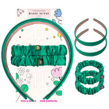 Girls Satin Hair Accessories Set – 2 Headbands & 2 Scrunchies for School Dark Green Hair Accessory Set