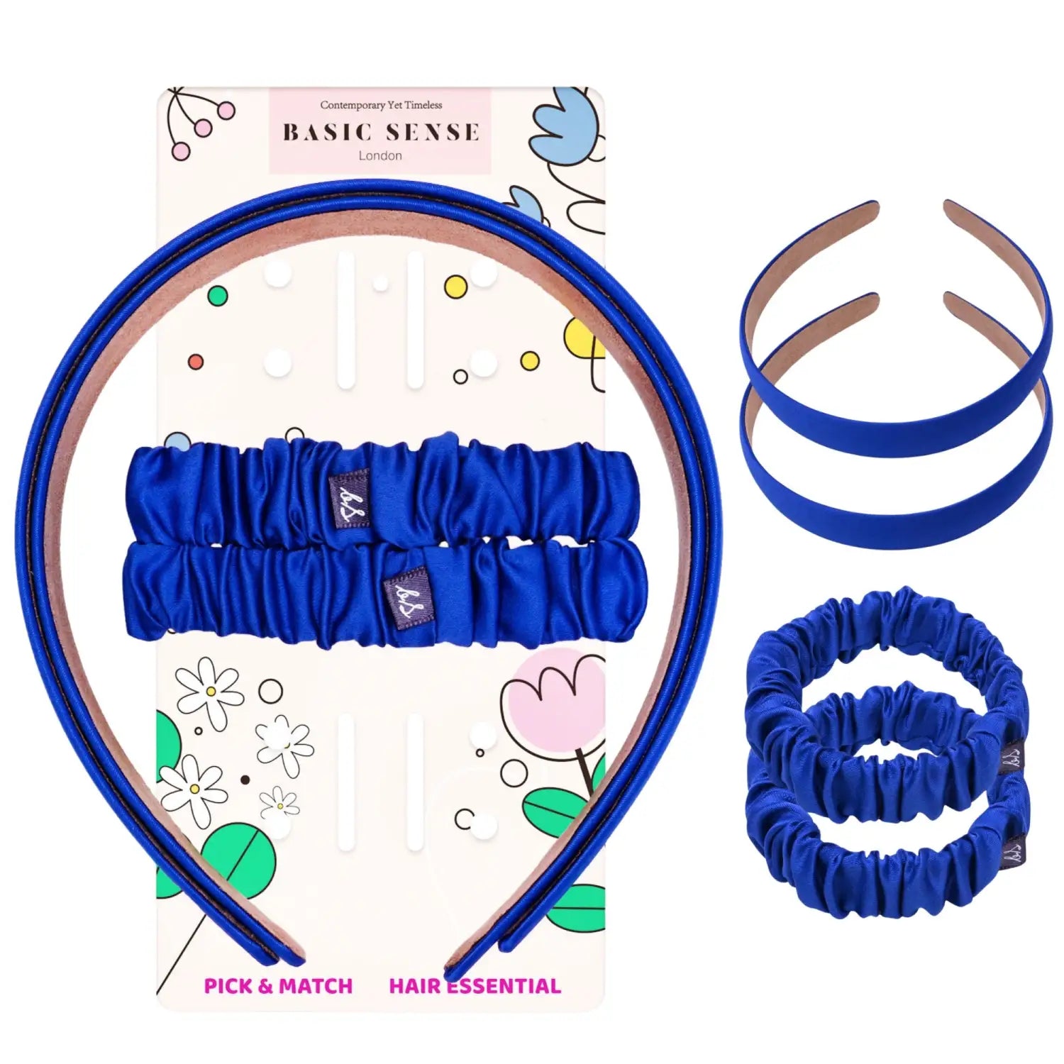 Girls Satin Hair Accessories Set – 2 Headbands & 2 Scrunchies for School Royal Blue Hair Accessory Set