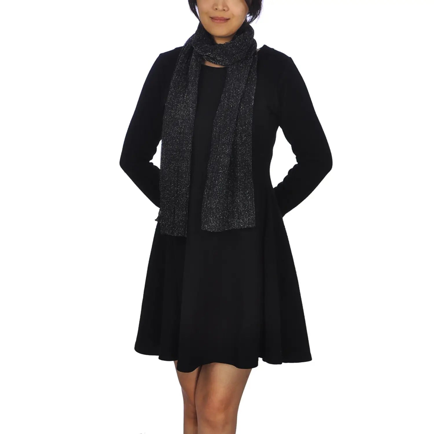 Elegant woman in black dress and coat modeling Glamorous Glittery Lightweight Evening Scarf