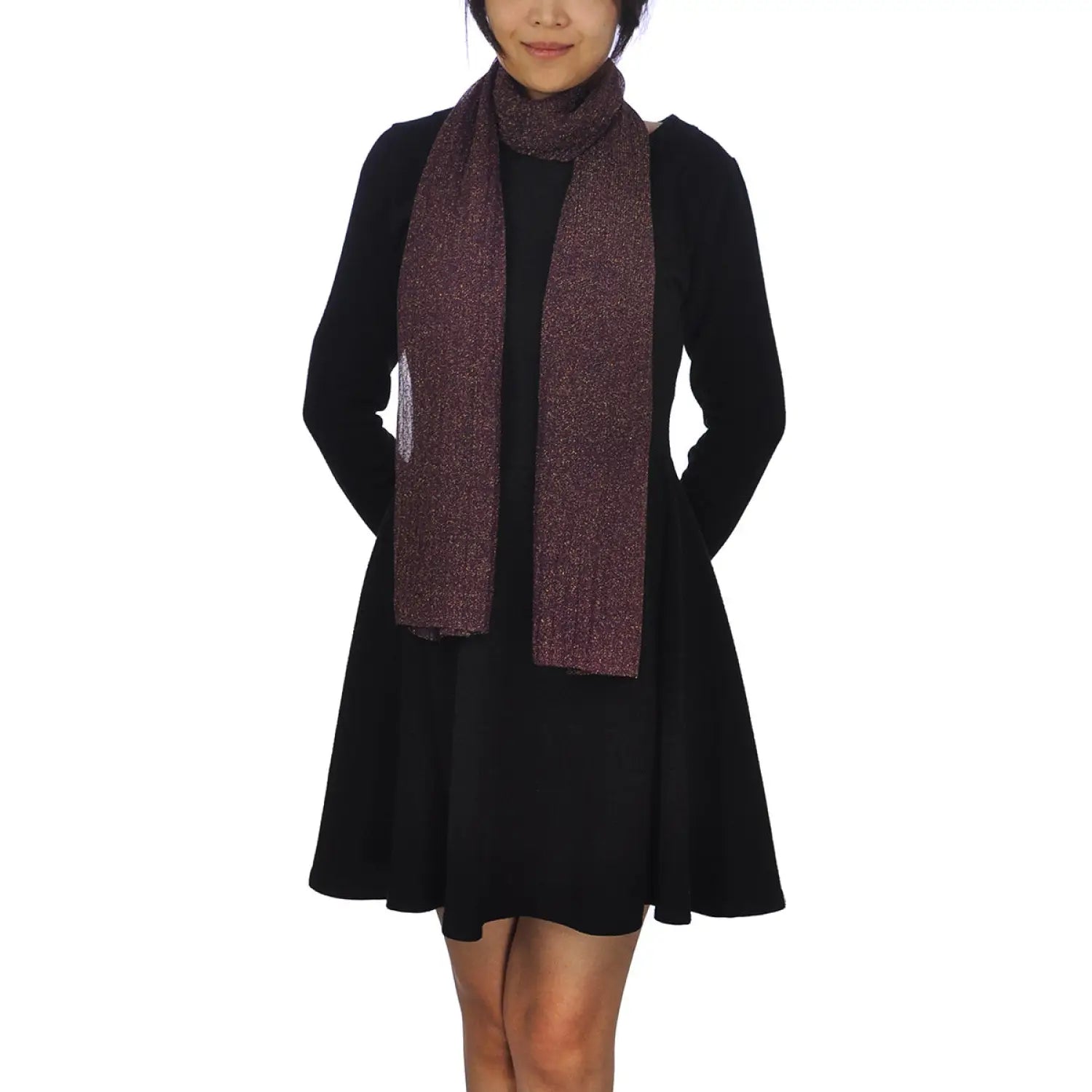 Elegant woman wearing a purple scarf from Glamorous Glittery Lightweight Evening Scarf collection