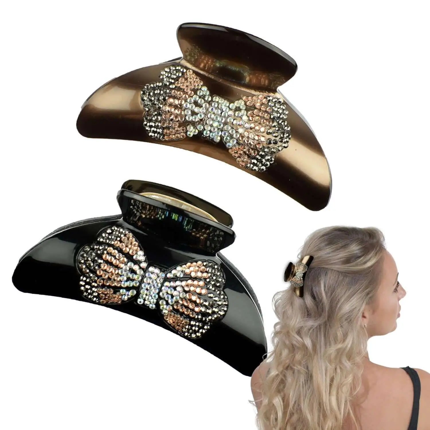 Woman wearing black hat with silver and gold decorations - Glamorous Rhinestone Butterfly Hair Clamps