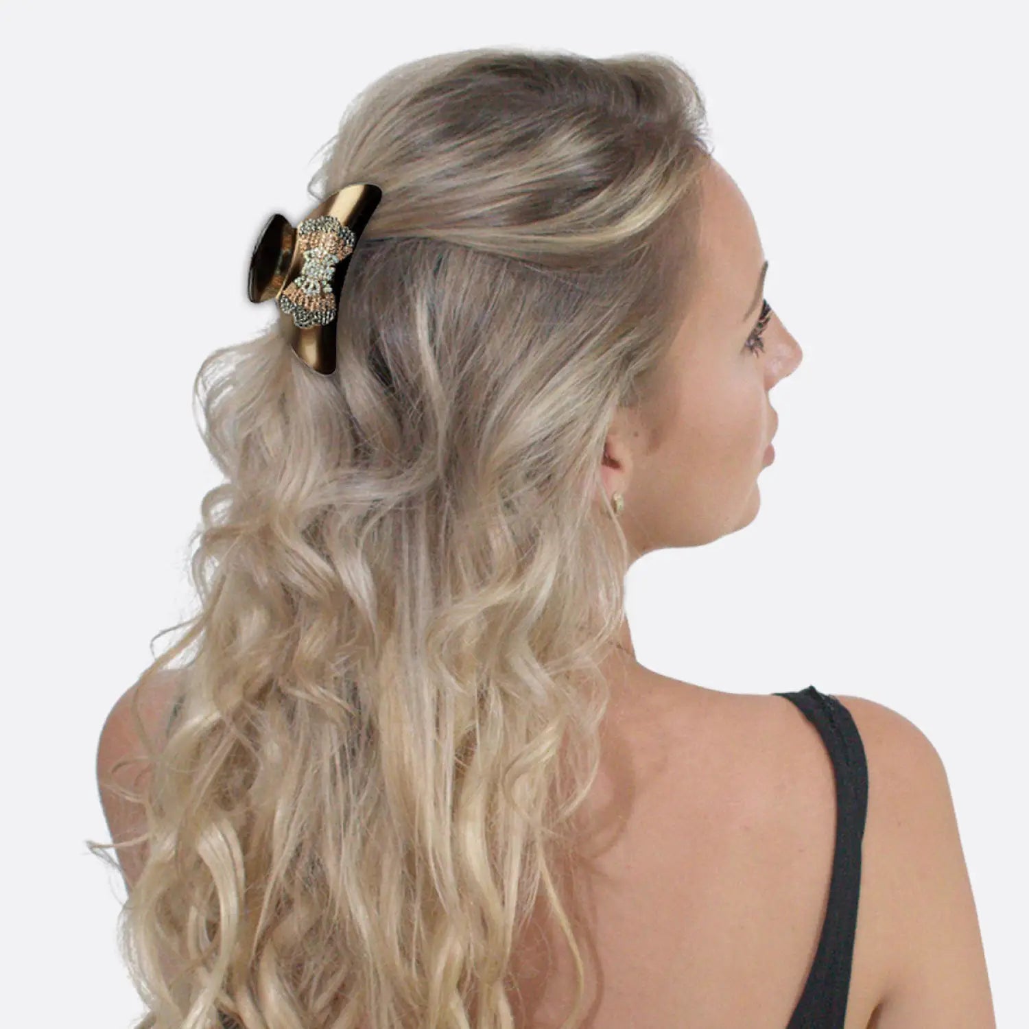Blonde woman in black top with gold hair clip - Glamorous Rhinestone Butterfly Hair Clamps