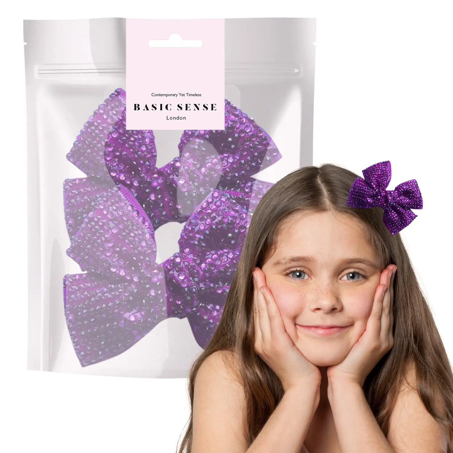 Girl with purple hair bows and bag, Rhinestone Ribbon Alligator Hair Clips 2 Pack.