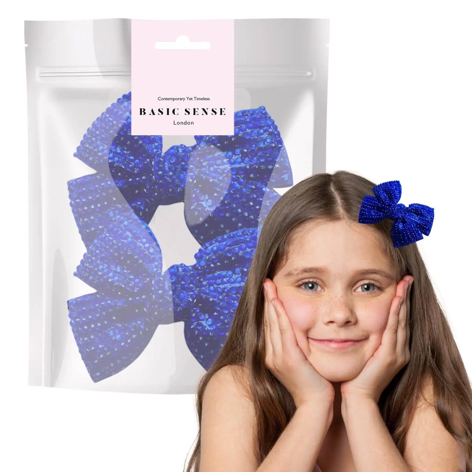 Glamorous Rhinestone Ribbon Alligator Hair Clips - 2 Pack with a girl wearing a blue hair bow