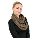 Stylish arafed woman wearing a brown scarf and black shirt with Glitter Knit Snood.