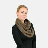 Stylish woman wearing brown scarf from Glitter Knit Snood collection