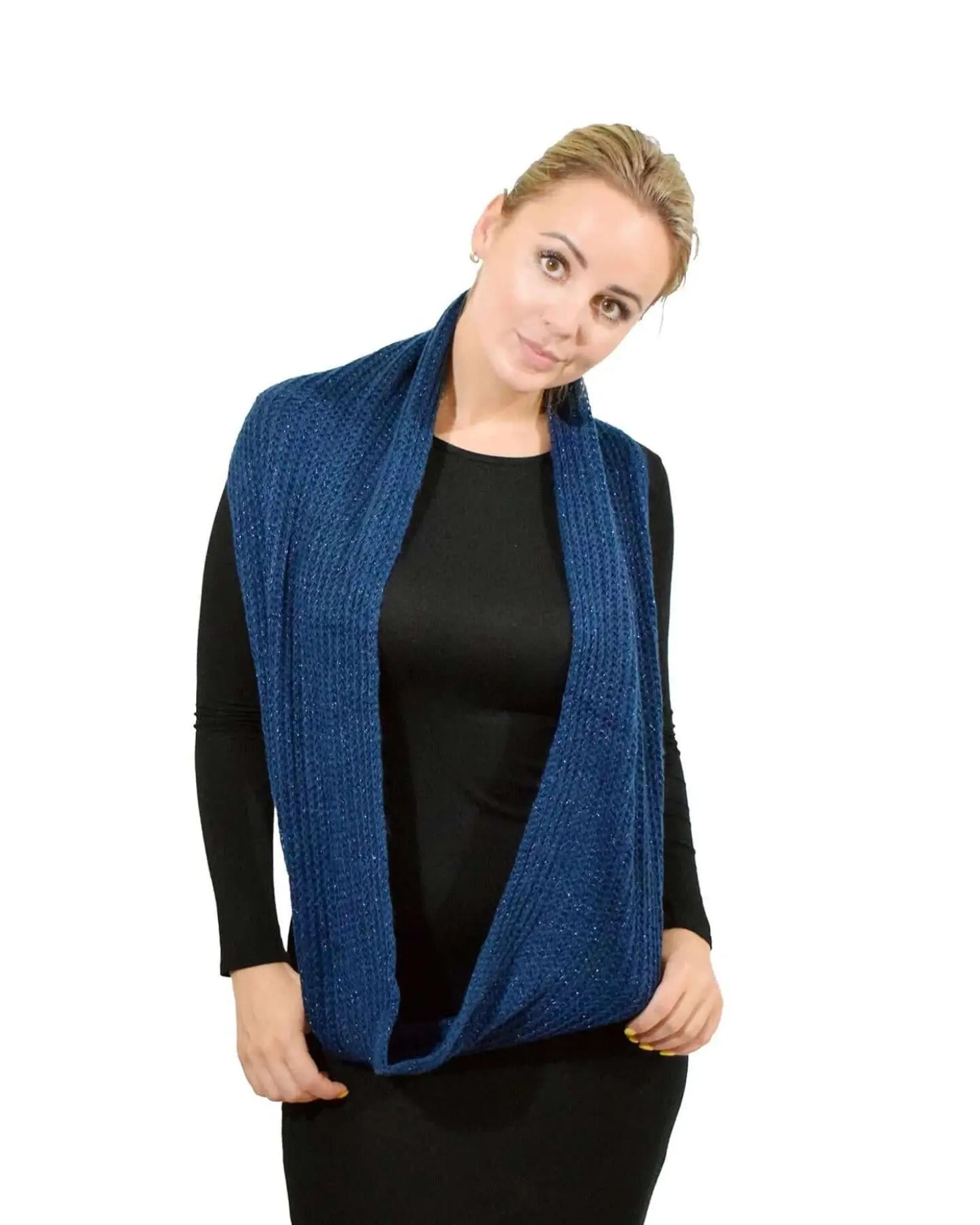 Woman wearing blue knit scarf from Glitter Knit Snood: Stylish Winter Infinity Scarf.