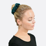 Glitter velvet hair scrunchie set with blonde woman in black top and green flower.