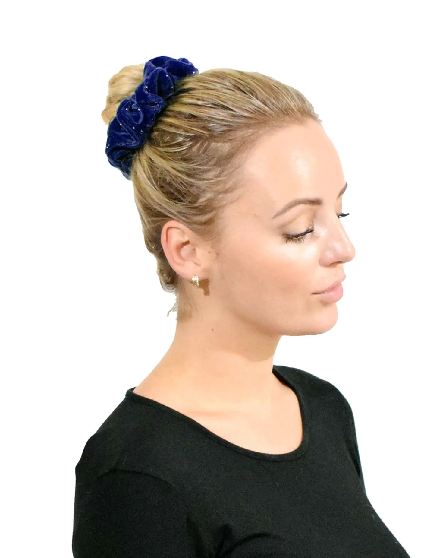 Glitter Velvet Hair Scrunchie Set: Woman with Blue Flower in Hair