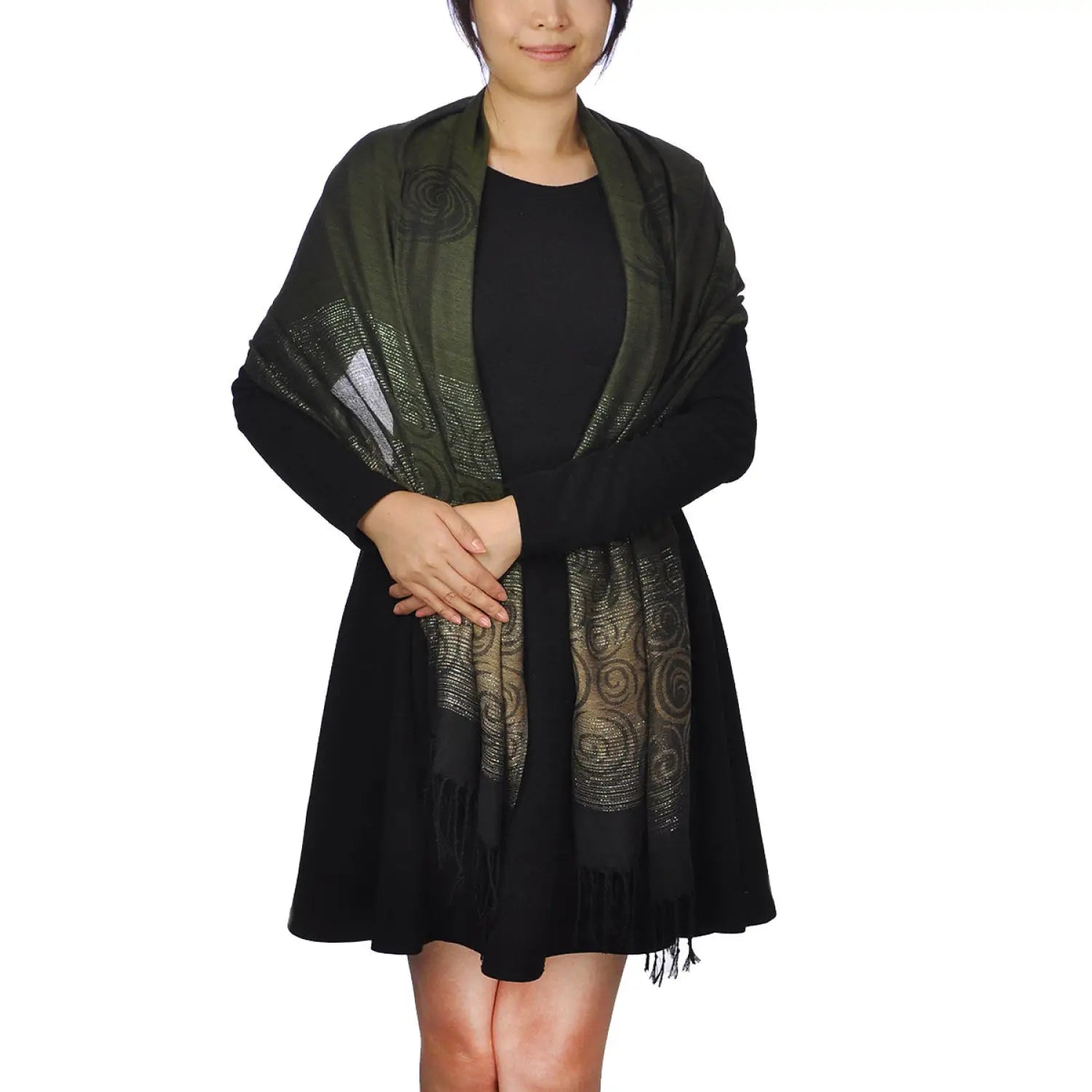 Woman wearing black dress and green scarf, featured in Glittery Two-Tone Ombre Tasselled Scarf Shawl.