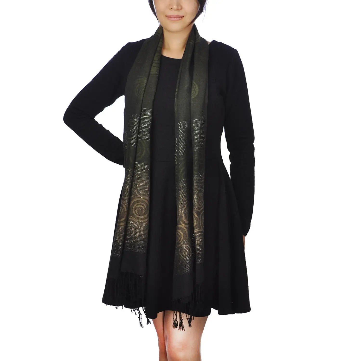 Woman wearing black scarf and dress, Glittery Two-Tone Ombre Tasselled Scarf Shawl.