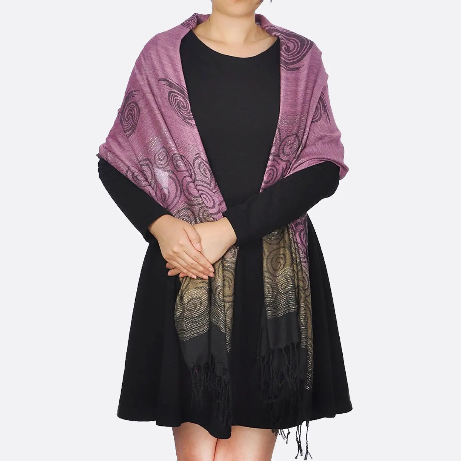 Elegant woman in purple scarf and black outfit from Glittery Two-Tone Ombre Tasselled Scarf Shawl.