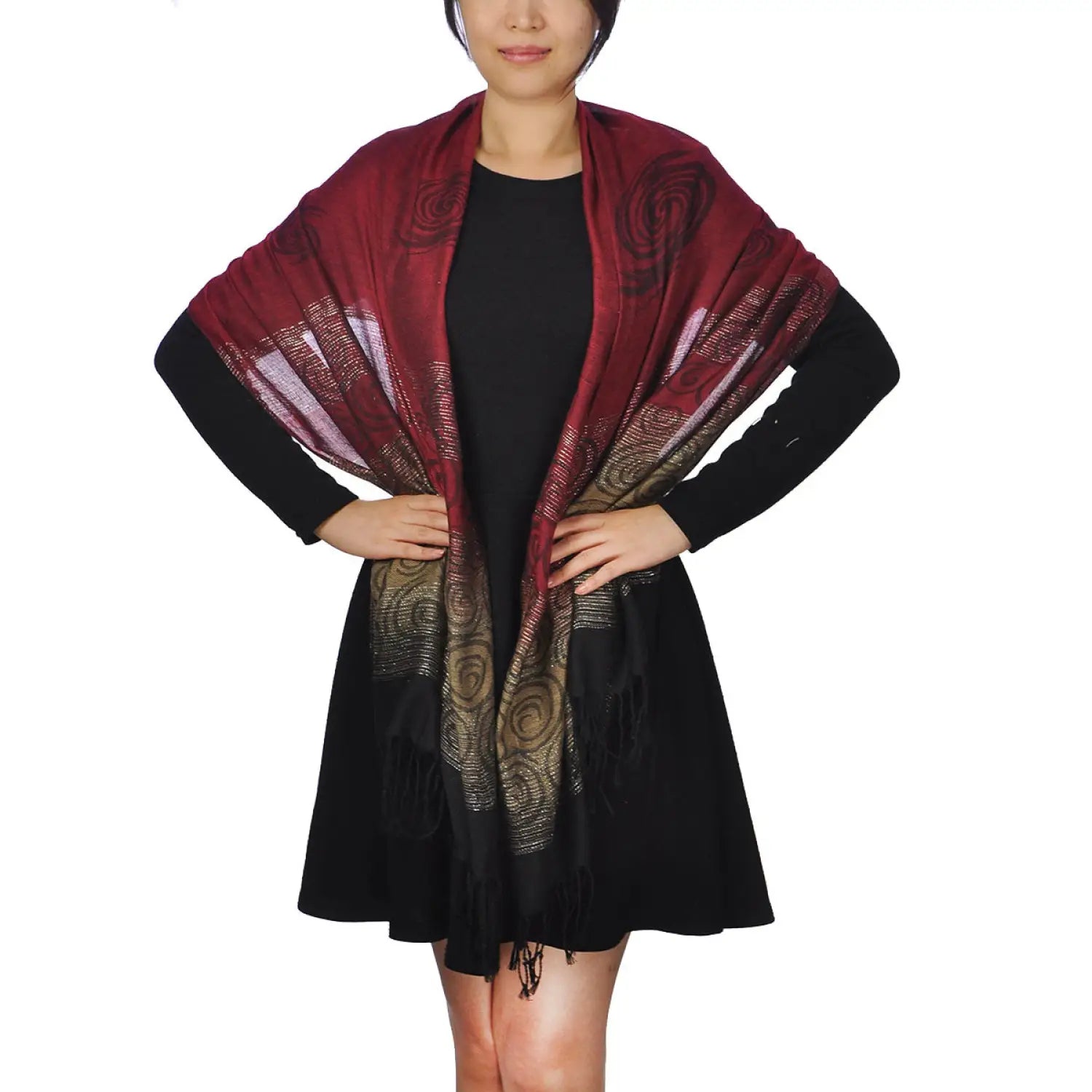 Stylish woman in red and gold scarf from Glittery Two-Tone Ombre Tasselled Scarf Shawl