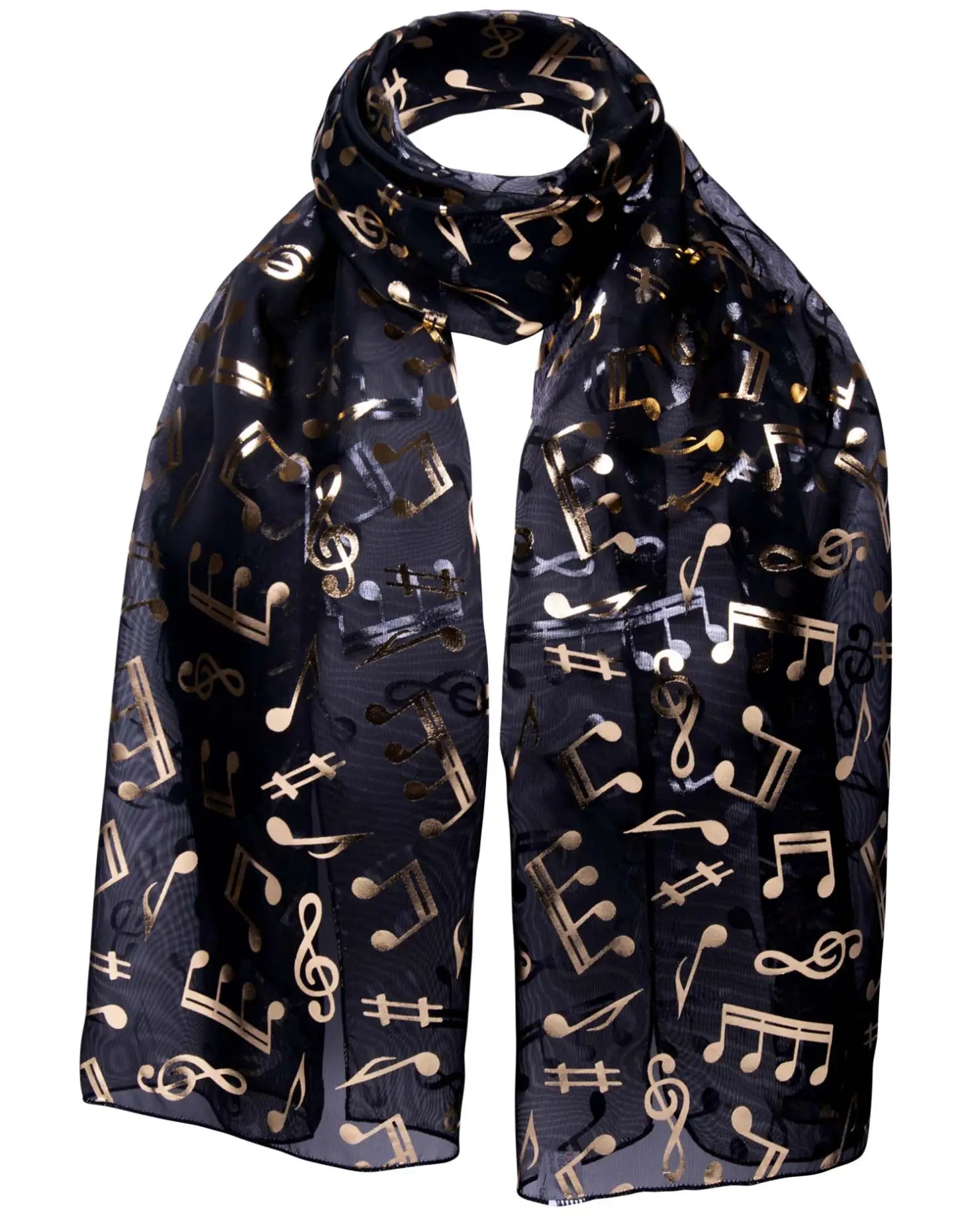 Black scarf with gold foil music notes, Gold Foil Music Note Chiffon Group Scarf.
