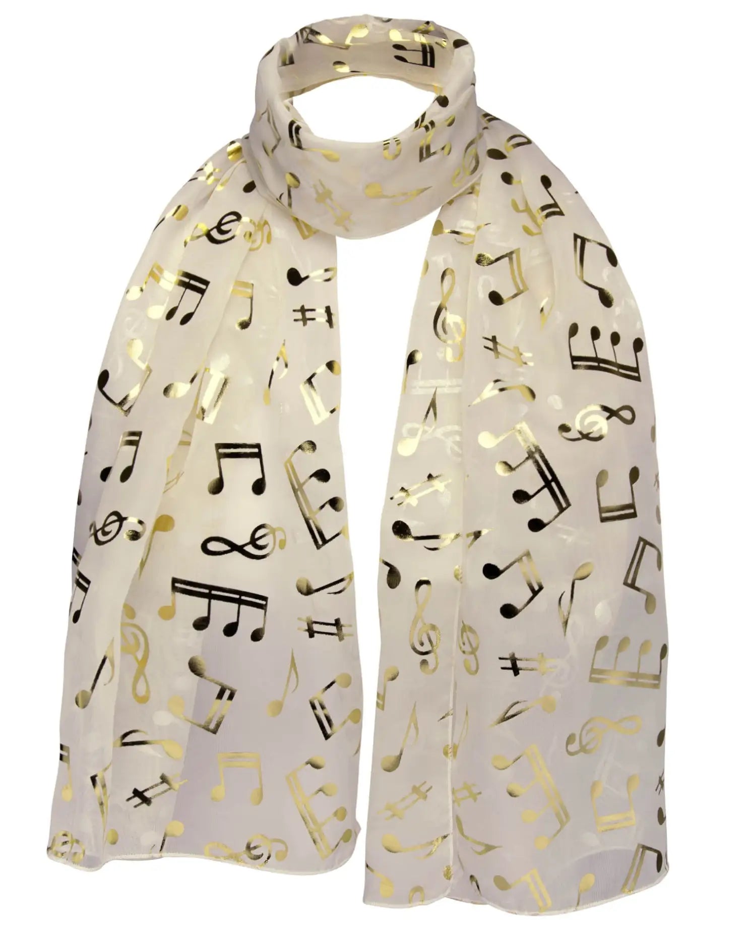 Gold foil music note chiffon group scarf with musical notes on white fabric.