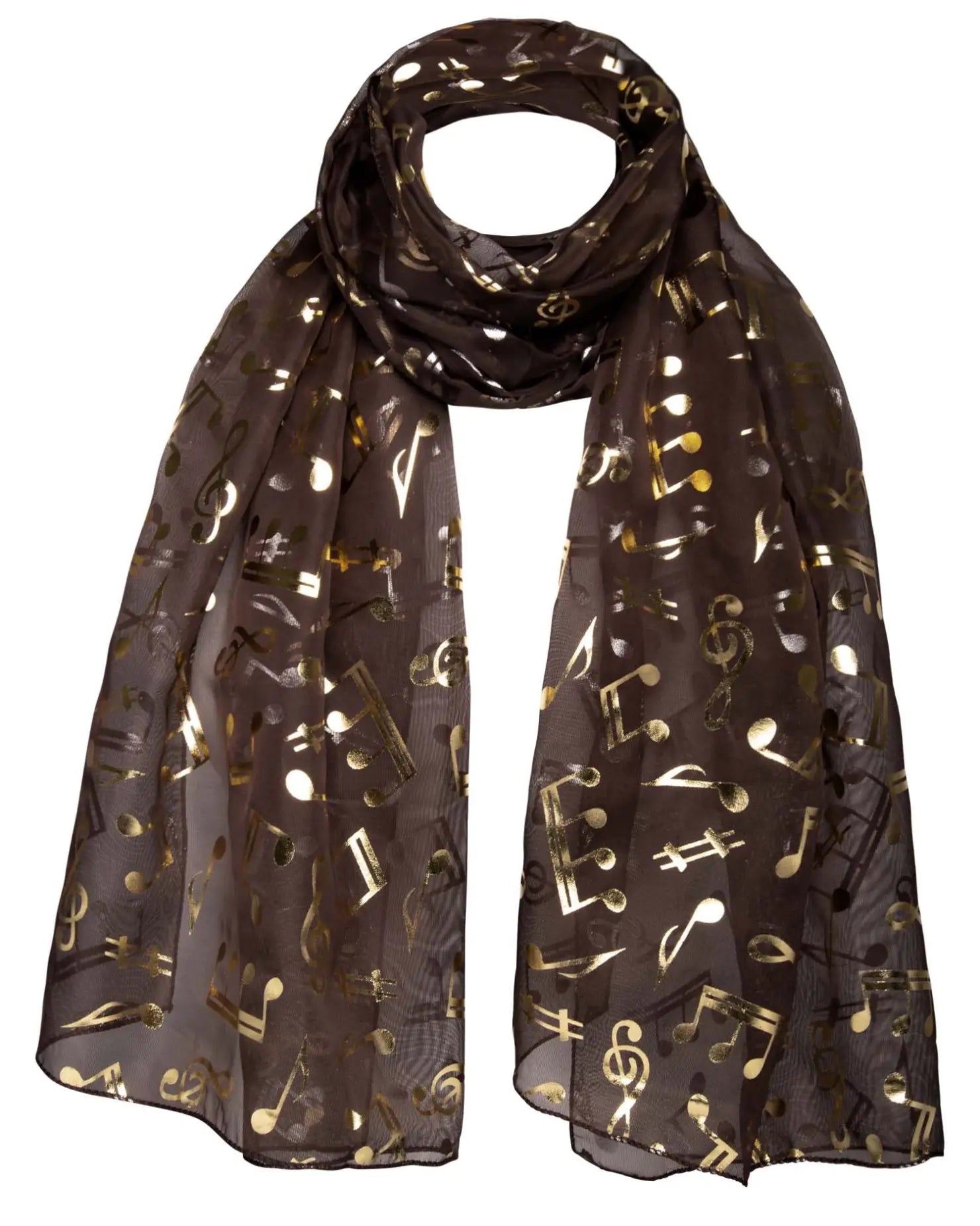 Gold Foil Music Note Chiffon Scarf with brown color and musical notes