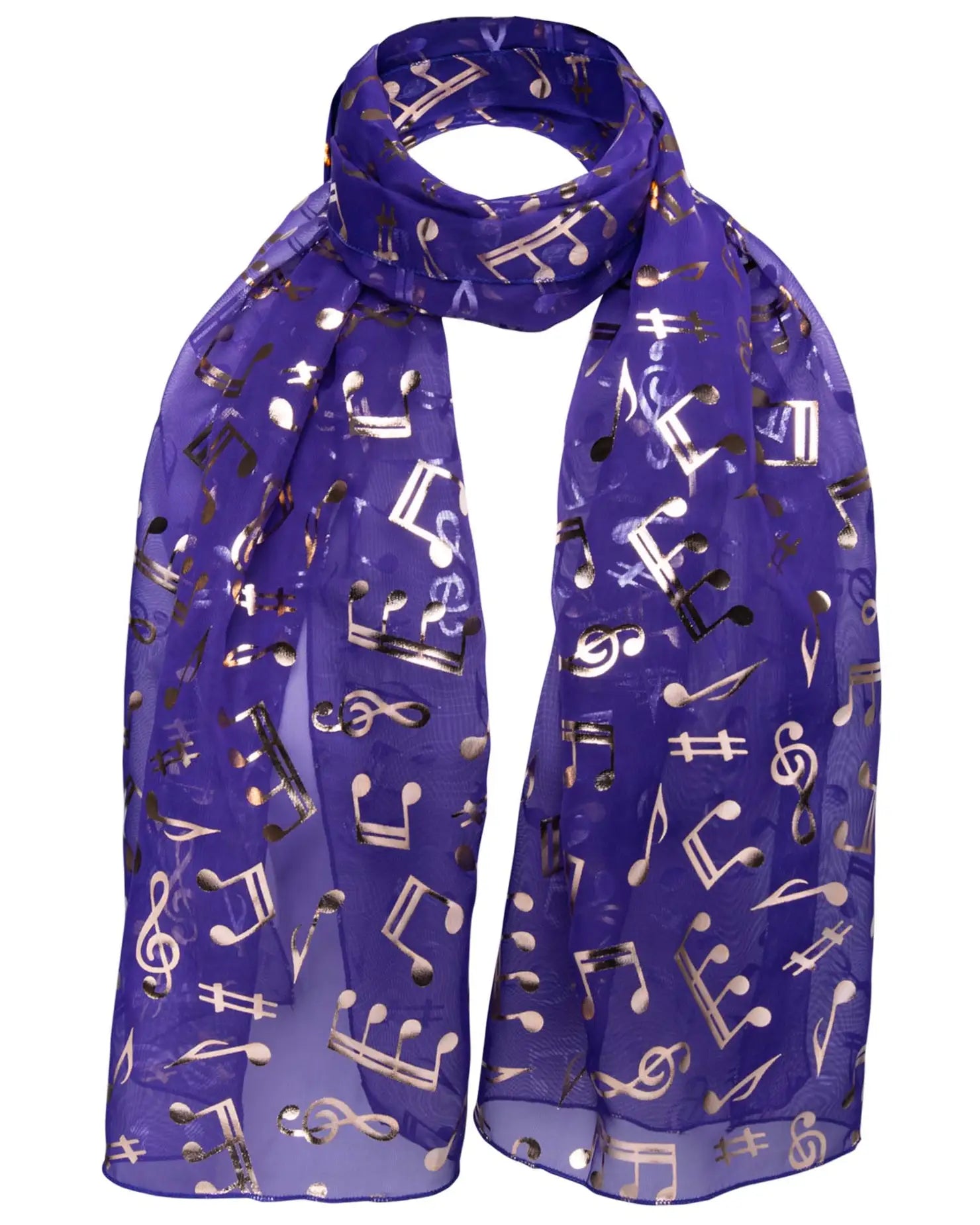 Gold Foil Music Note Chiffon Group Scarf - Purple scarf with musical notes.
