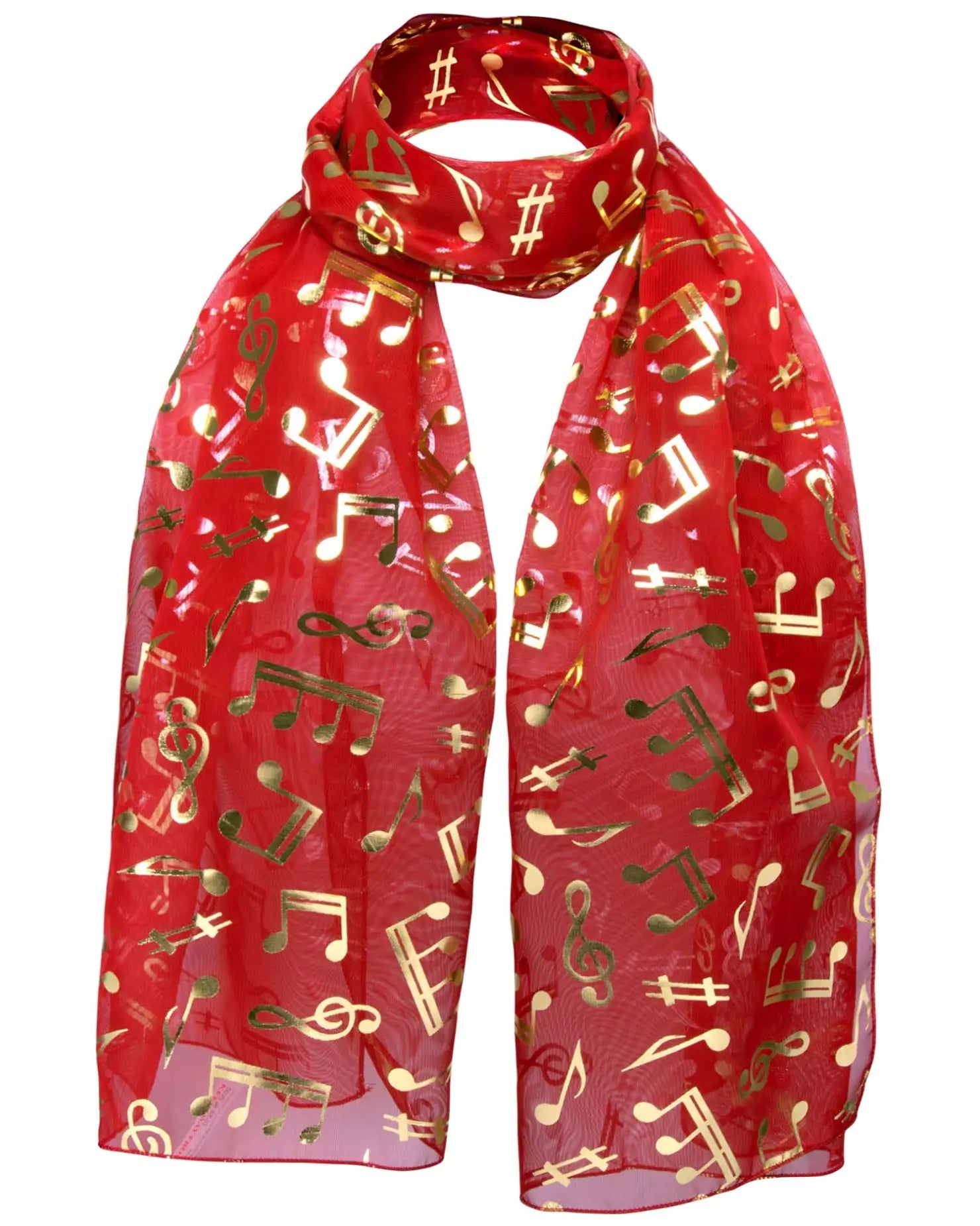 Red scarf with gold foil music notes from Gold Foil Music Note Chiffon Group Scarf.