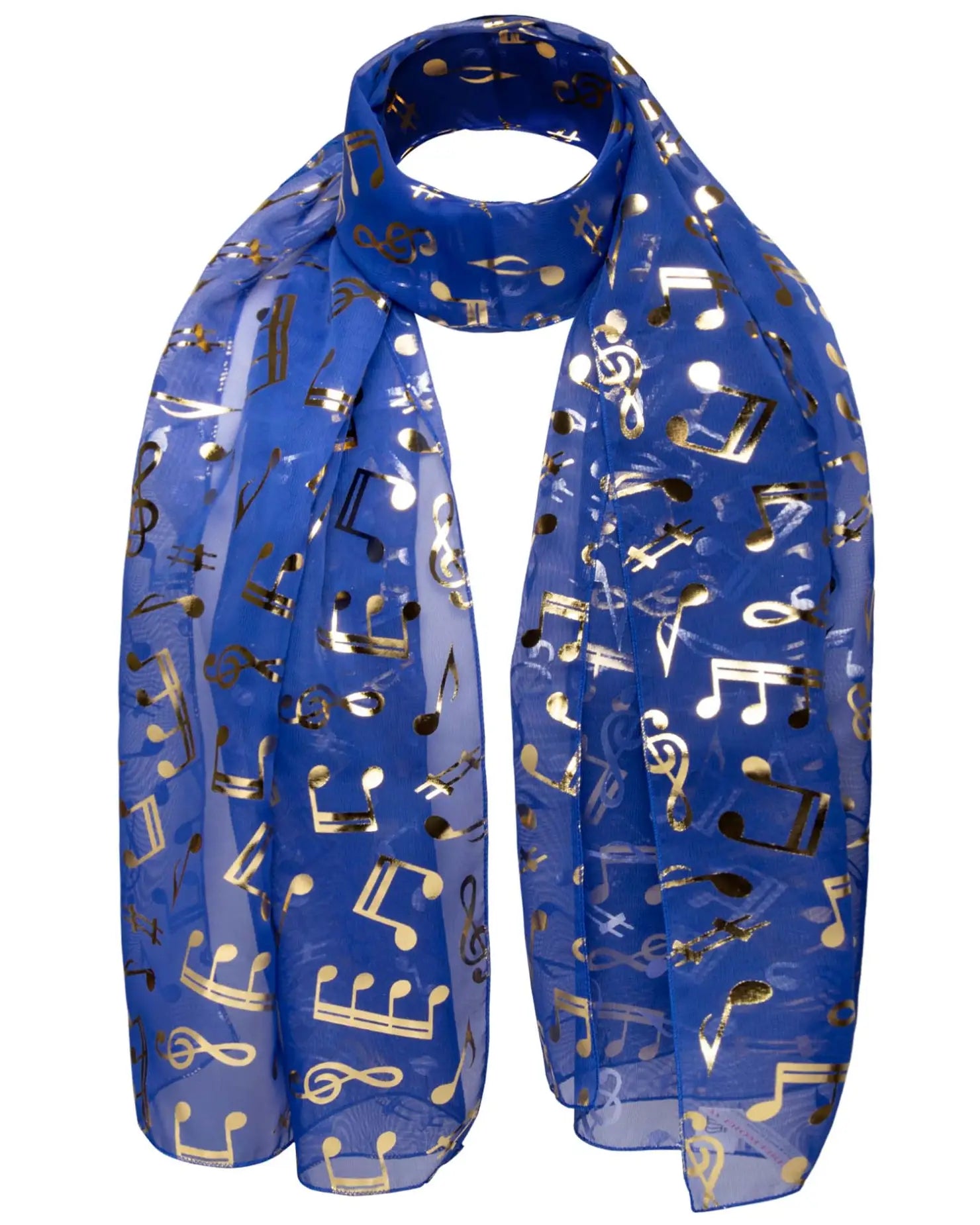Blue chiffon scarf with gold foil music notes.