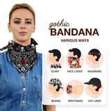 Exquisite gothic skull bandana set featuring woman in denim shirt.