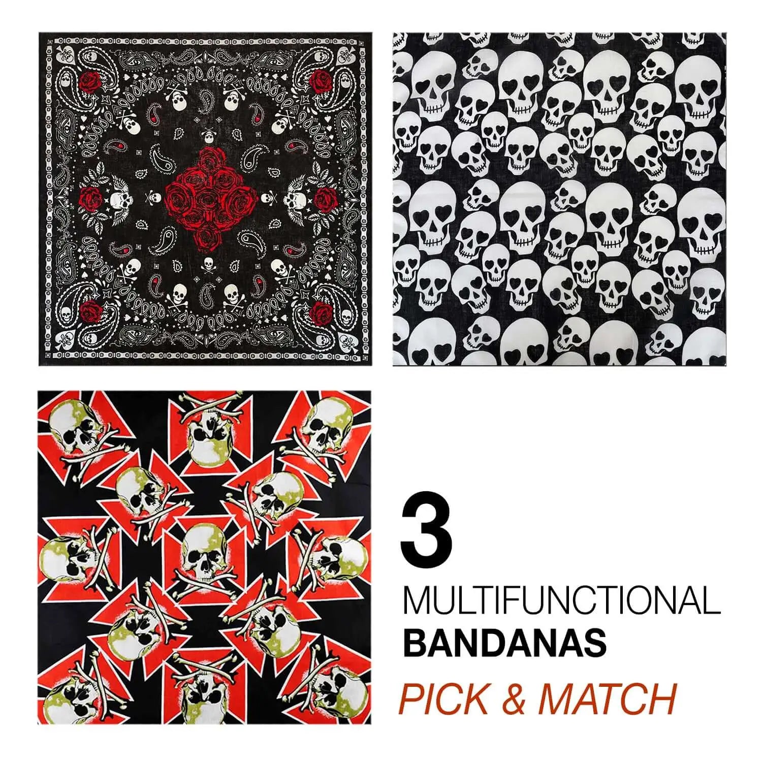 Gothic skull bandana set featuring four unique designs with skulls and roses.