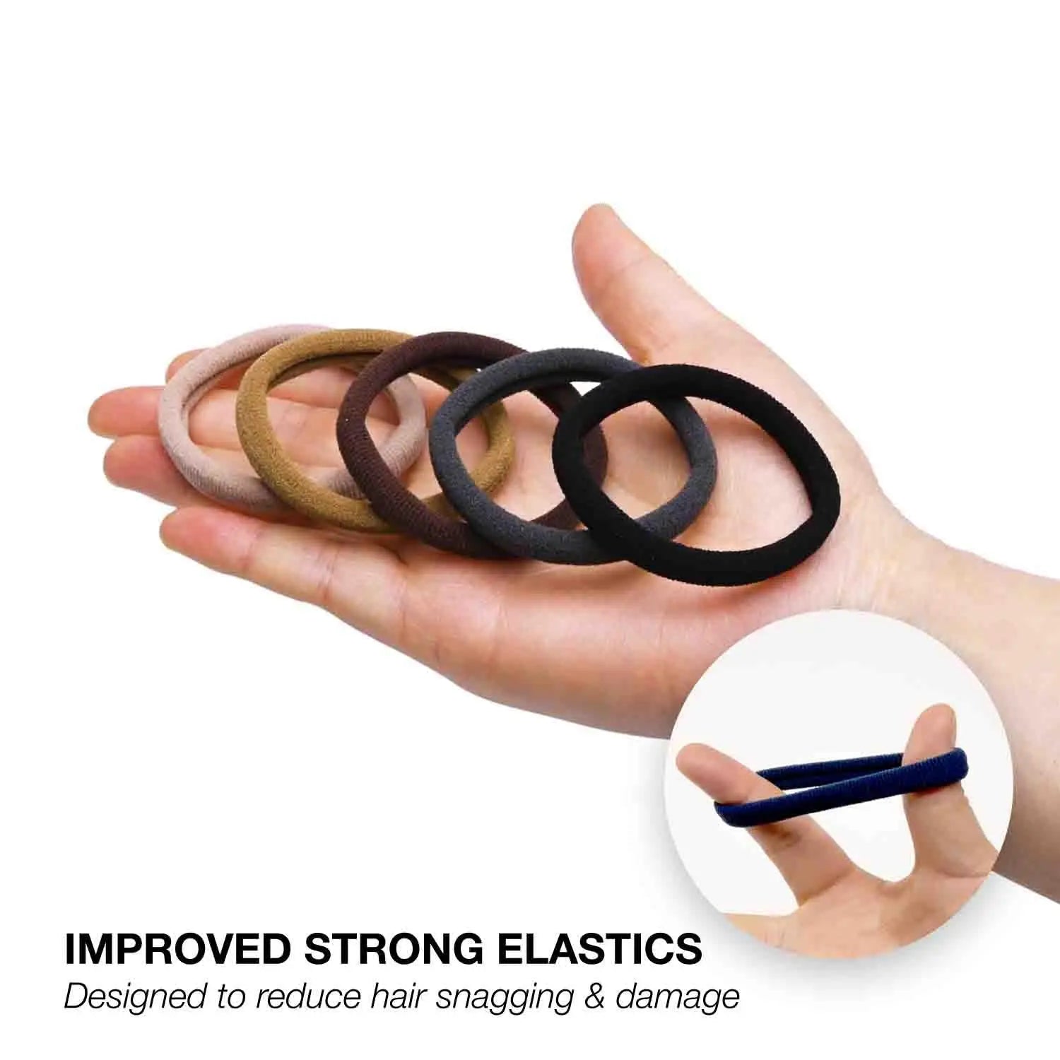Hand holding Hair Elastics Tie rubber rings, basic sense design