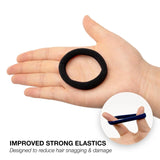Hand holding black ring hair tie for snood, basic sense, and plain scarf product