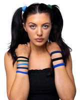 Woman with long black hair wearing blue and green bracelets using Hair Elastics Tie