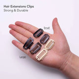 Hair Extension Snap Clips Set featuring hand holding metal snap clips and hair extensions
