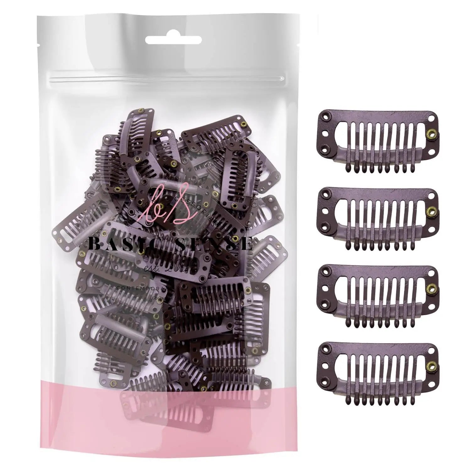 Hair Extension Snap Clips Set with Pink Bag - Metal snap clips and hair extensions packed together.