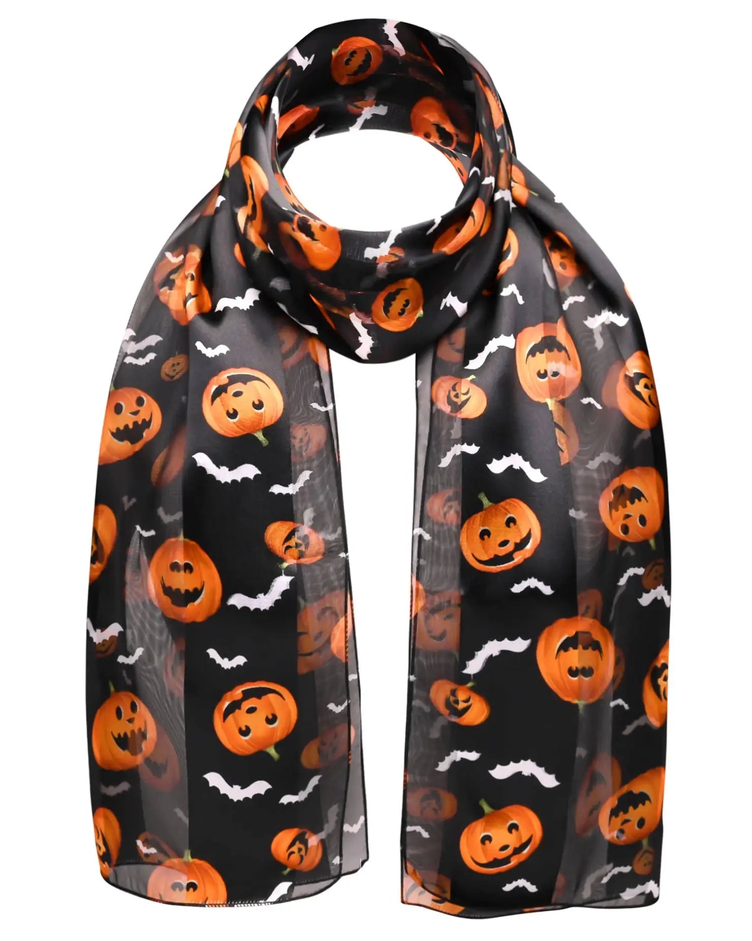 Halloween Pumpkin & Bat Silky Satin Striped Scarf - Black - Scarves