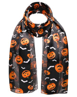Halloween Pumpkin & Bat Silky Satin Striped Scarf - Black - Scarves