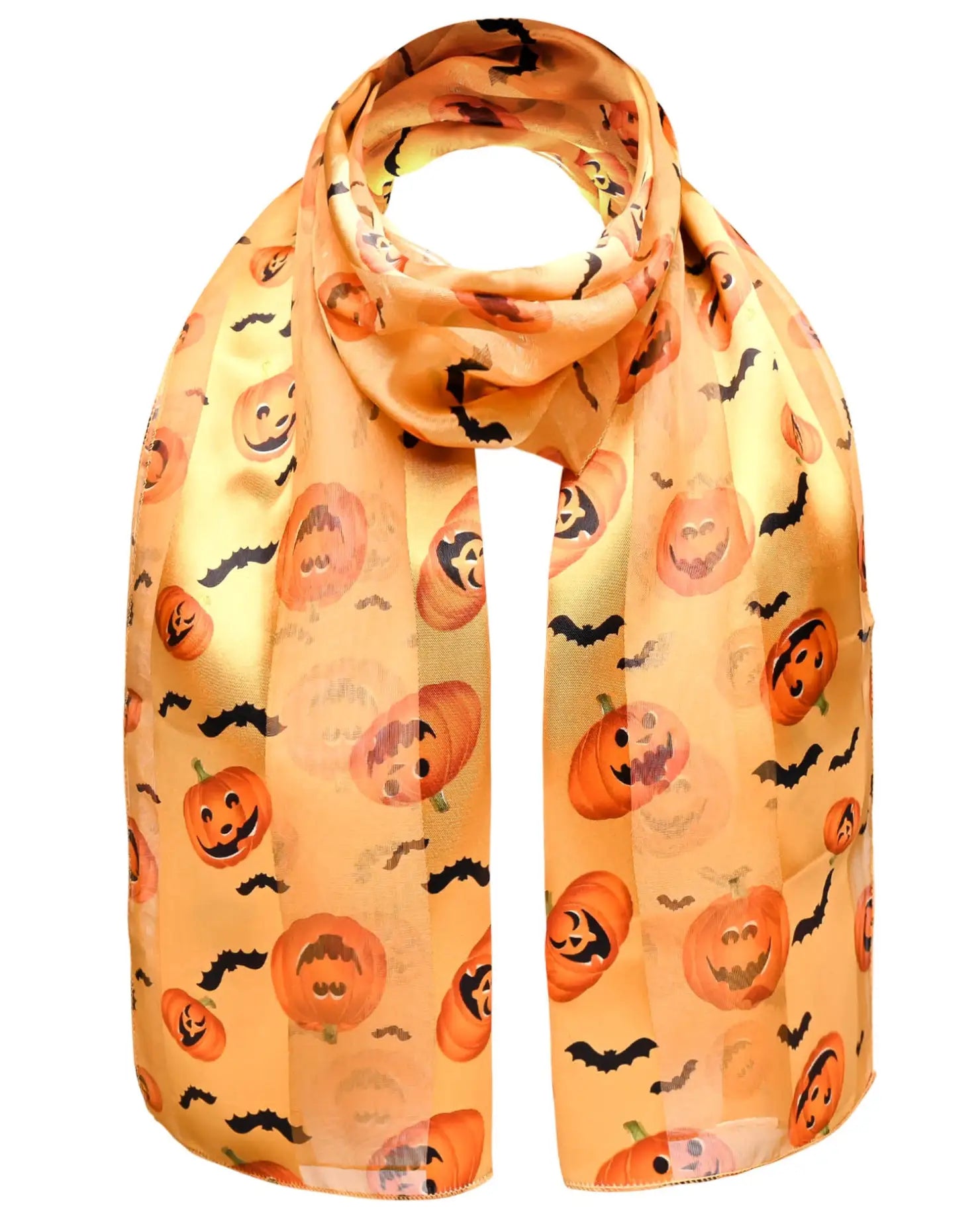 Halloween Pumpkin & Bat Silky Satin Striped Scarf - Gold - Scarves