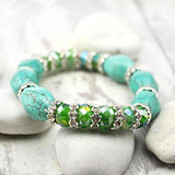 Handmade howlite turquoise bracelet with green and white rhinestone beads