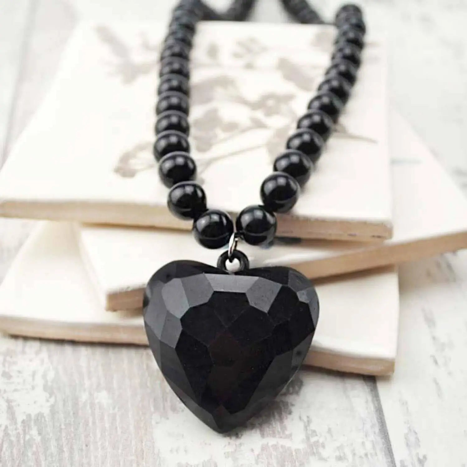 Heart Charm Ball Chain Necklace - Lightweight Black Heart Necklace with Beads