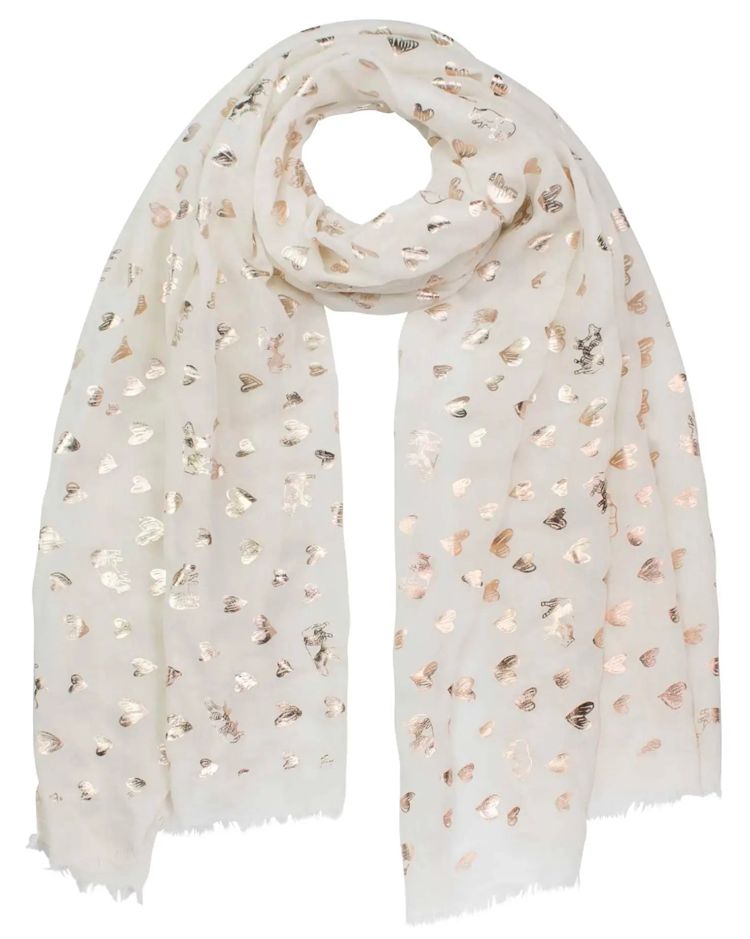 White scarf with gold foil foils in Heart & Cow Print Silver Foil Oversized Scarf.