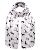 Horse Print Satin Stripe Silky Unisex Scarf with black horses on a white scarf